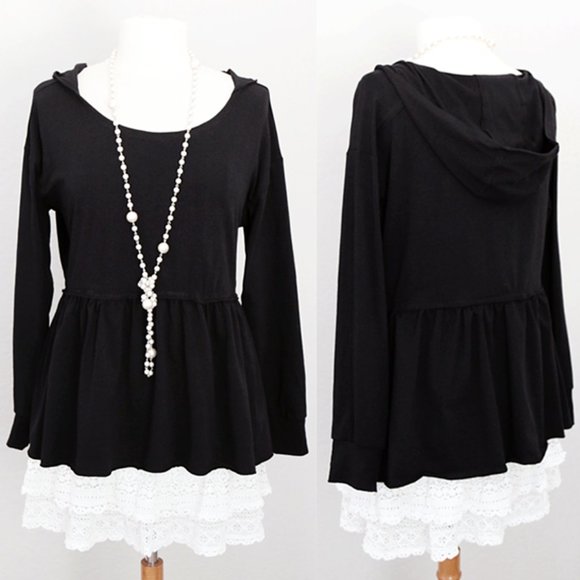 Free 832 Tops - Black Hooded Babydoll Peplum Pullover Cotton Top